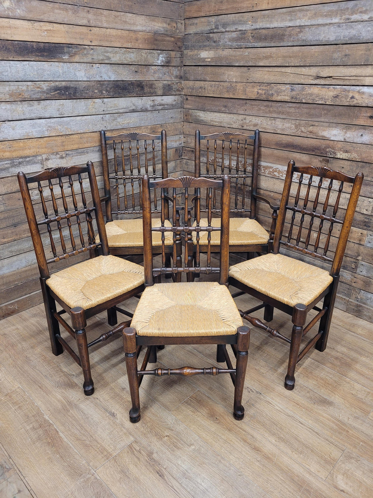 Five Vintage Lancashire Style Oak Rush Seat Dining Chairs