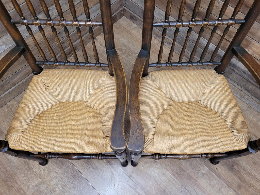 Five Vintage Lancashire Style Oak Rush Seat Dining Chairs