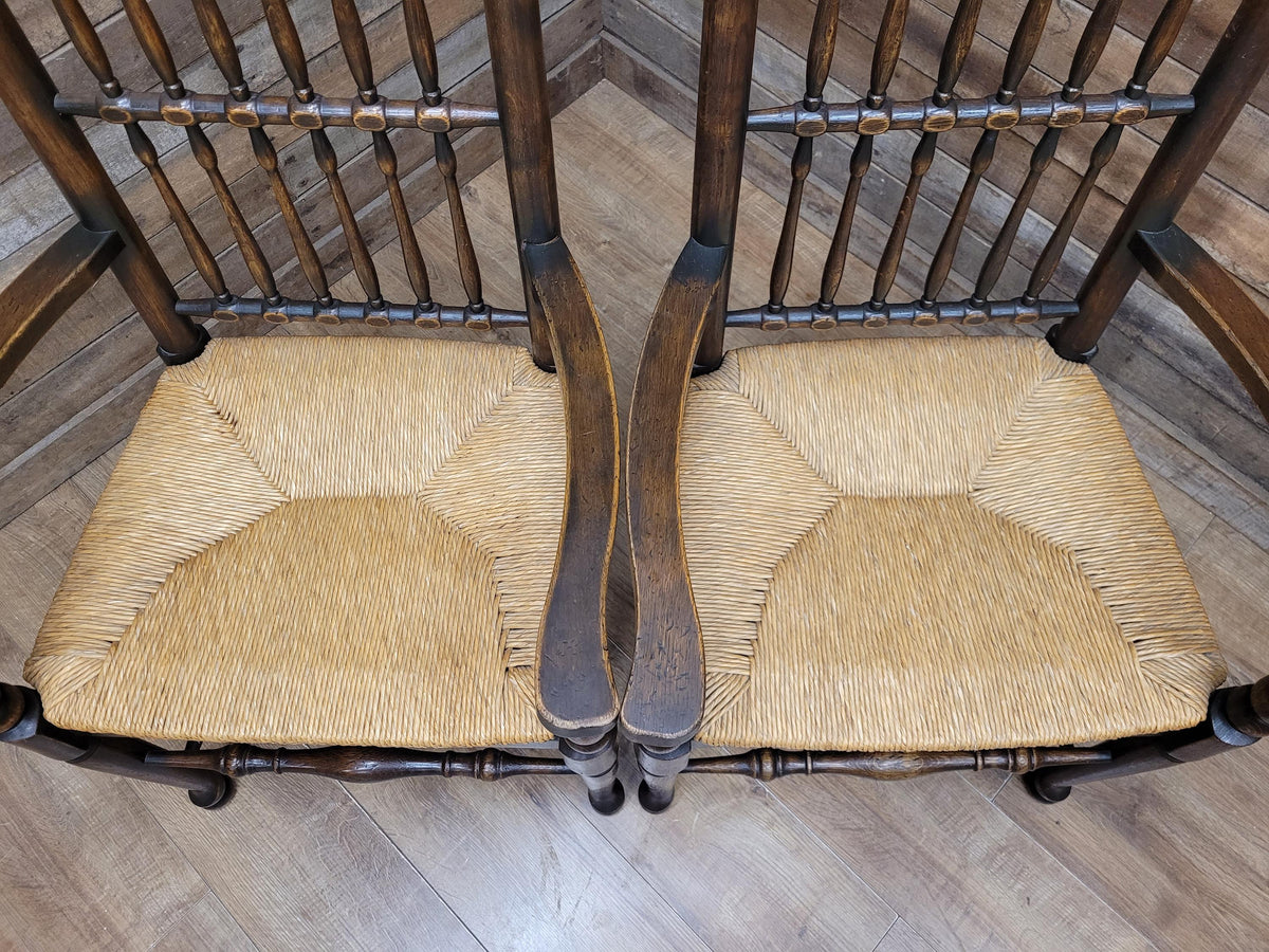 Five Vintage Lancashire Style Oak Rush Seat Dining Chairs