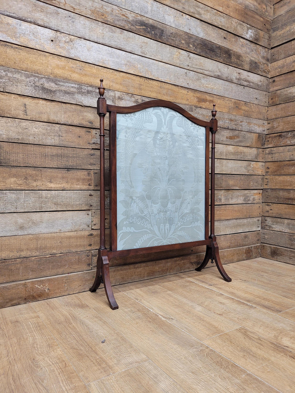 Victorian Mahogany Fire Screen Antique Silk Damask Panel Fireplace Guard