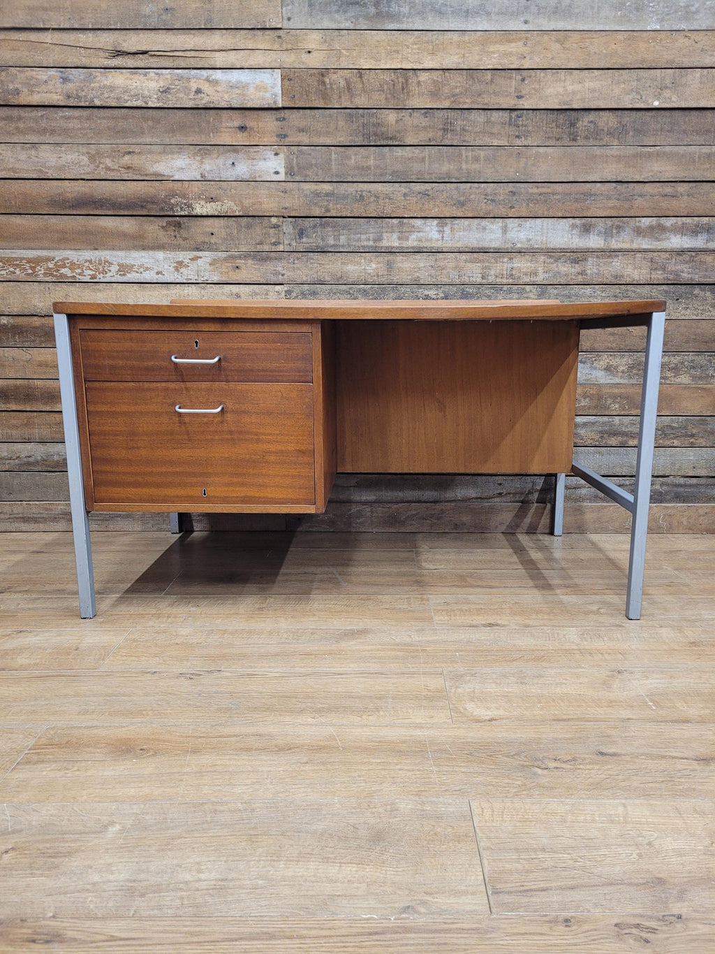Lucas Furniture Mid Century Modern Desk Teak Two Drawer Industrial Metal Frame