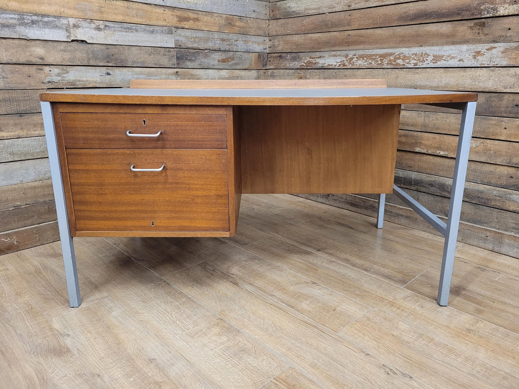 Lucas Furniture Mid Century Modern Desk Teak Two Drawer Industrial Metal Frame