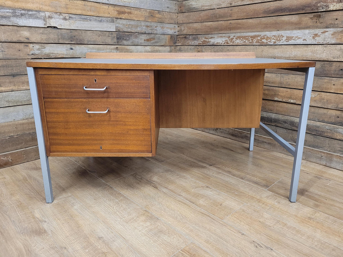 Lucas Furniture Mid Century Modern Desk Teak Two Drawer Industrial Metal Frame