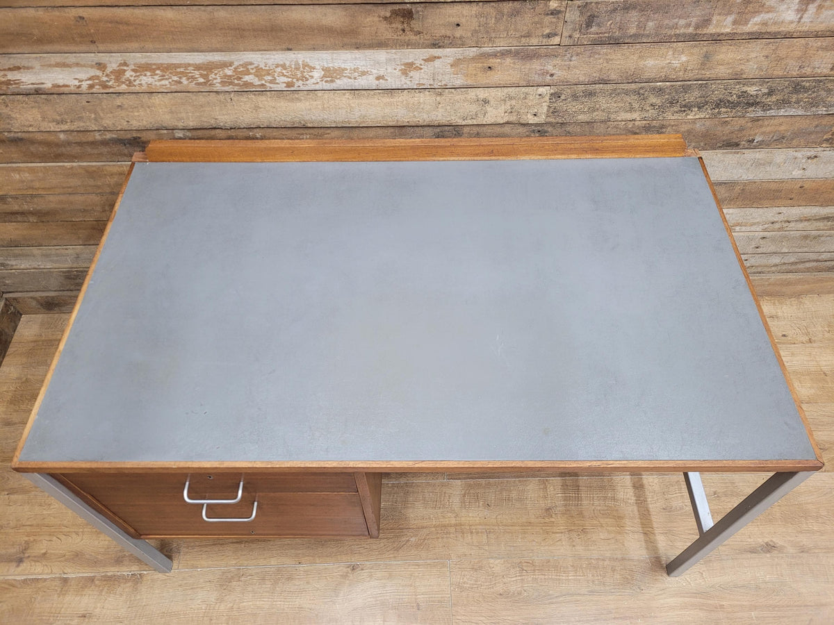 Lucas Furniture Mid Century Modern Desk Teak Two Drawer Industrial Metal Frame