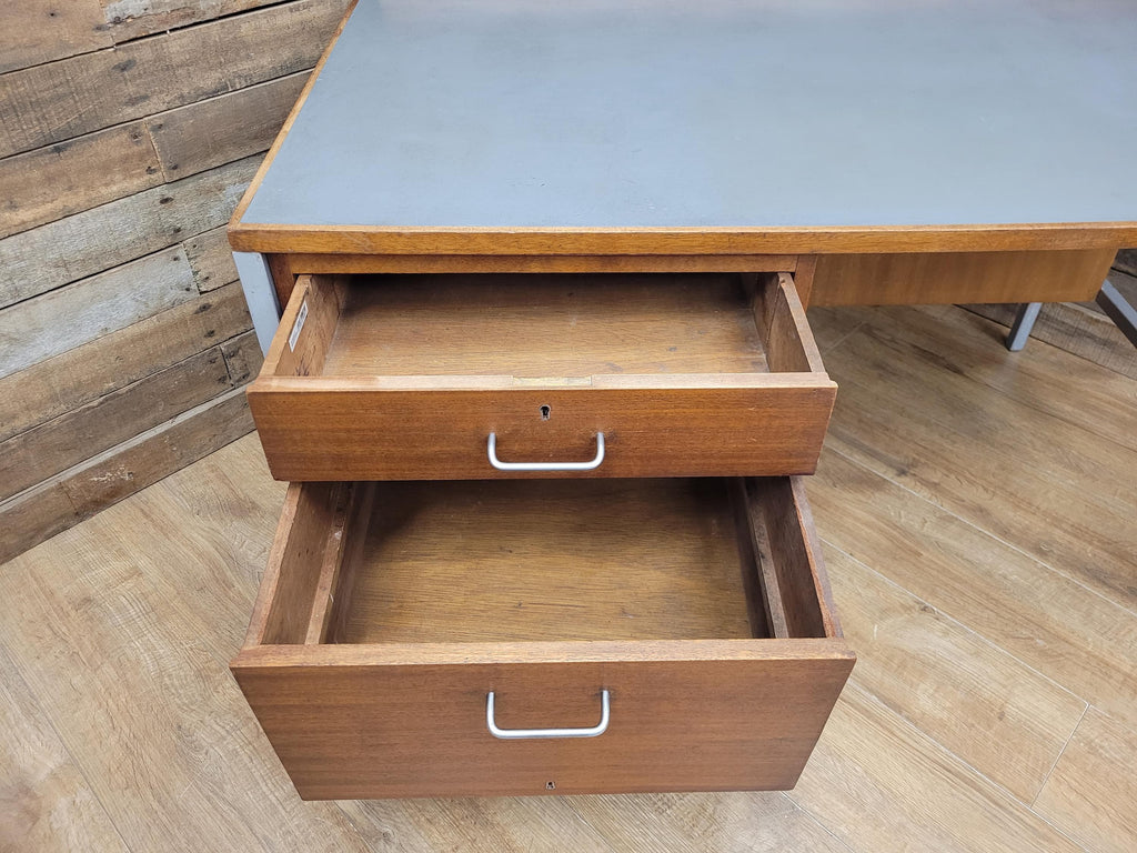Lucas Furniture Mid Century Modern Desk Teak Two Drawer Industrial Metal Frame