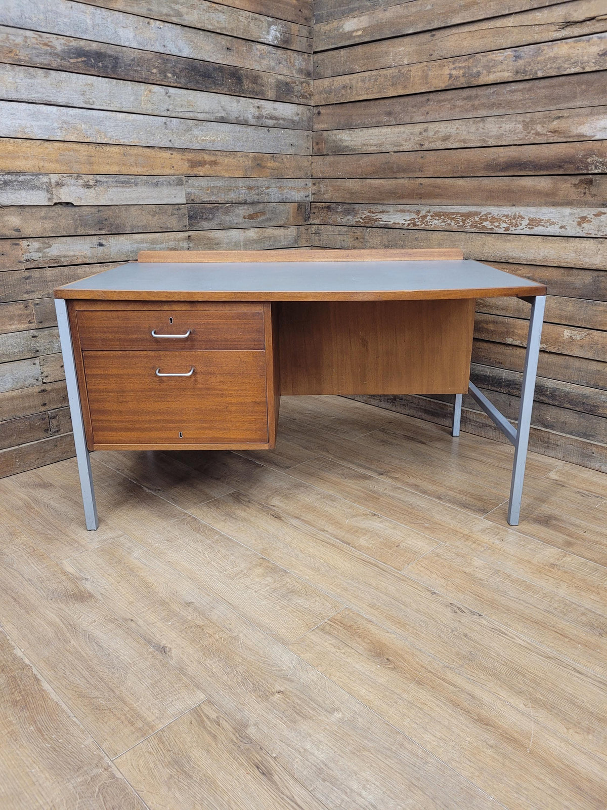 Lucas Furniture Mid Century Modern Desk Teak Two Drawer Industrial Metal Frame