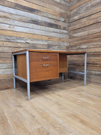 Lucas Furniture Mid Century Modern Desk Teak Two Drawer Industrial Metal Frame