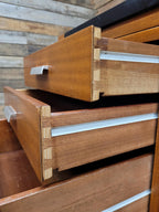 Abbess Linear Teak Executive Desk Attributed Mid Century Seven Drawers