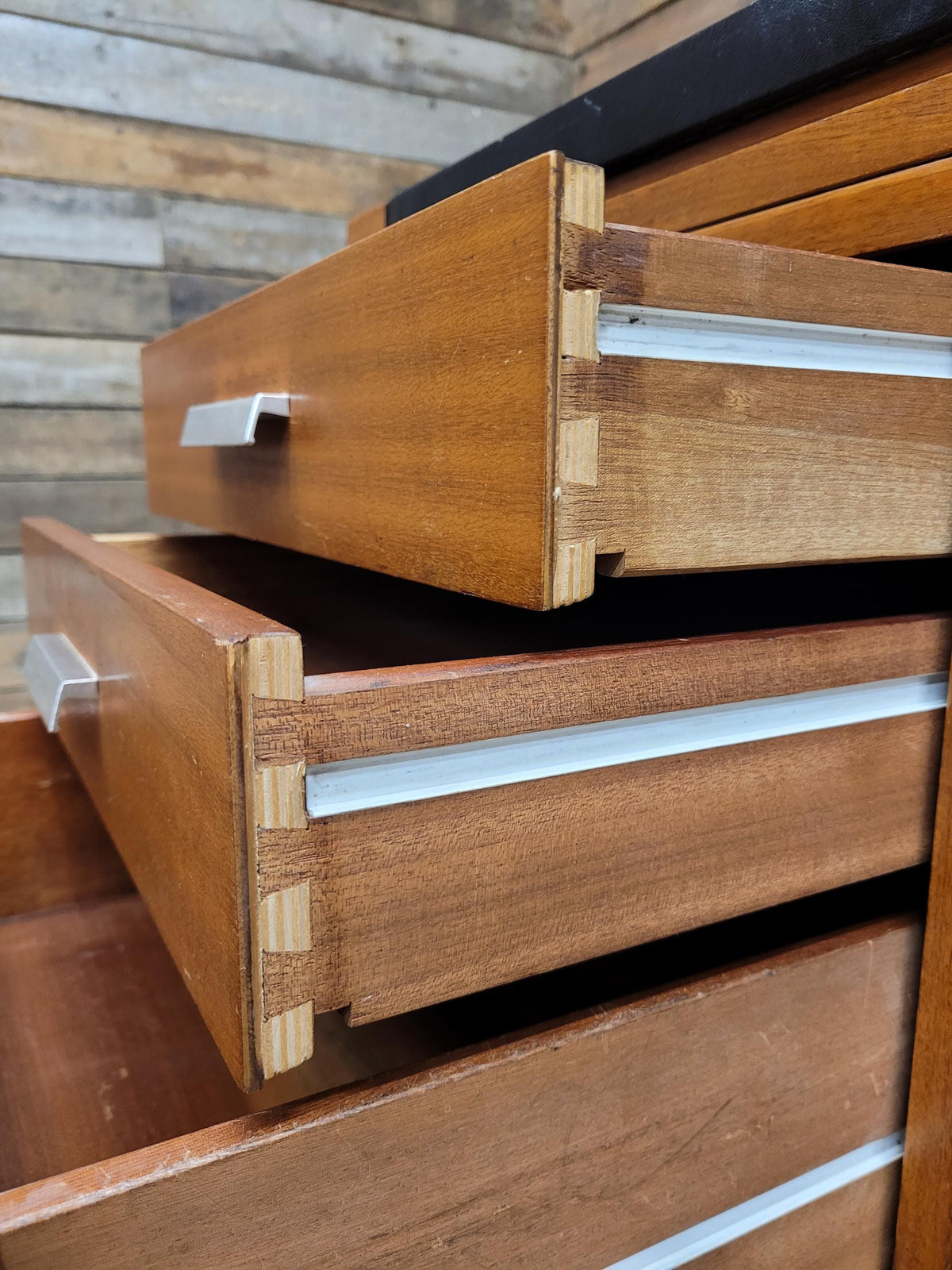 Abbess Linear Teak Executive Desk Attributed Mid Century Seven Drawers