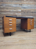 Abbess Linear Teak Executive Desk Attributed Mid Century Seven Drawers
