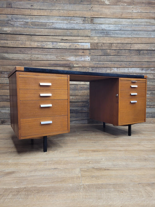 Abbess Linear Teak Executive Desk Attributed Mid Century Seven Drawers