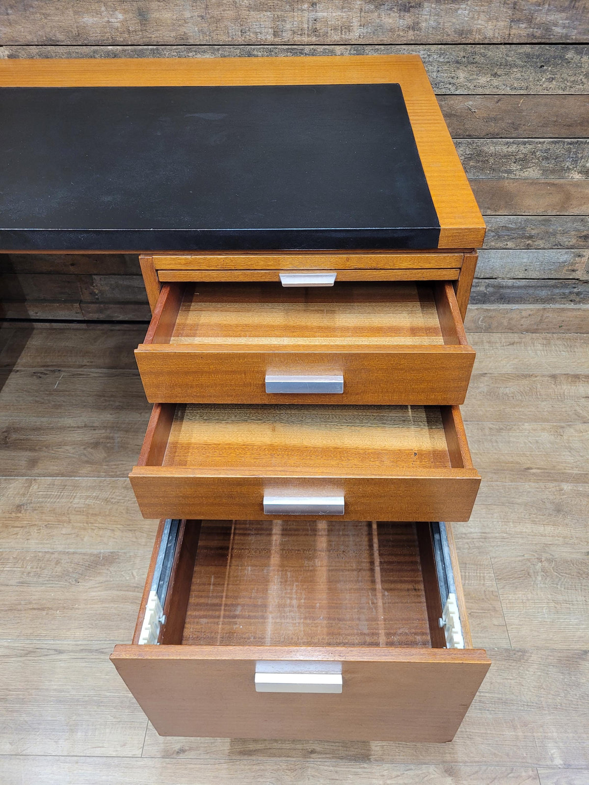 Abbess Linear Teak Executive Desk Attributed Mid Century Seven Drawers