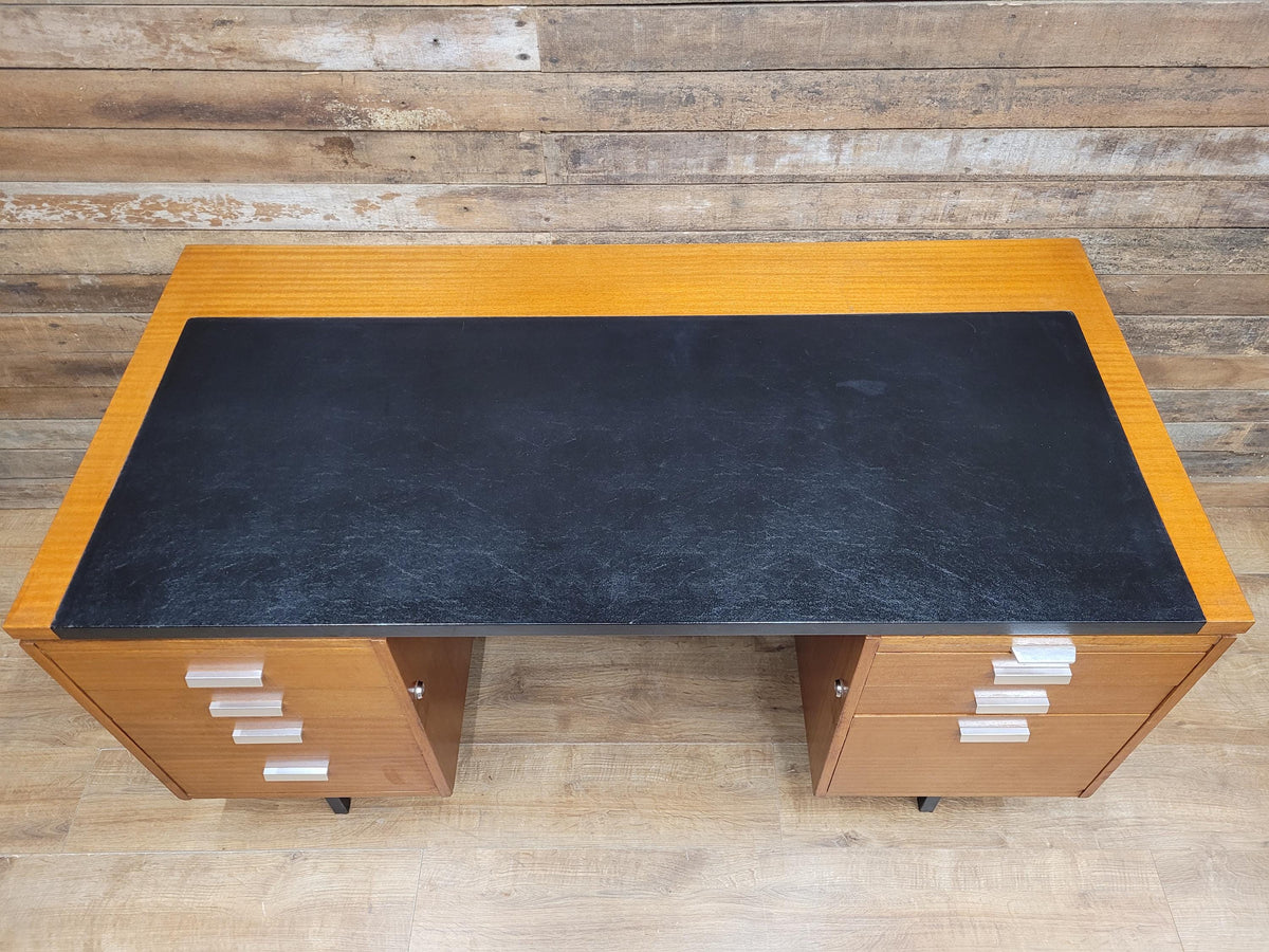 Abbess Linear Teak Executive Desk Attributed Mid Century Seven Drawers