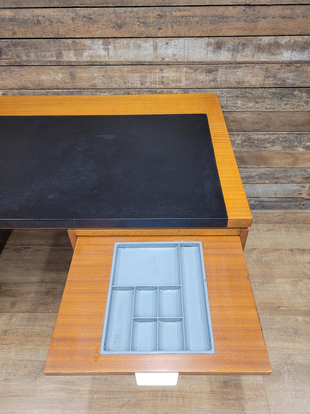 Abbess Linear Teak Executive Desk Attributed Mid Century Seven Drawers