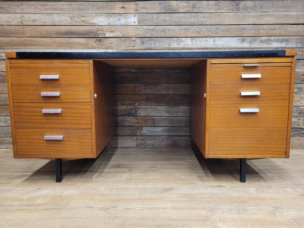 Abbess Linear Teak Executive Desk Attributed Mid Century Seven Drawers