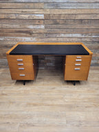 Abbess Linear Teak Executive Desk Attributed Mid Century Seven Drawers