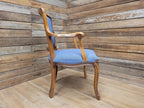 French Louis XV Style Carver Armchair Carved Wood Blue Upholstered Chair