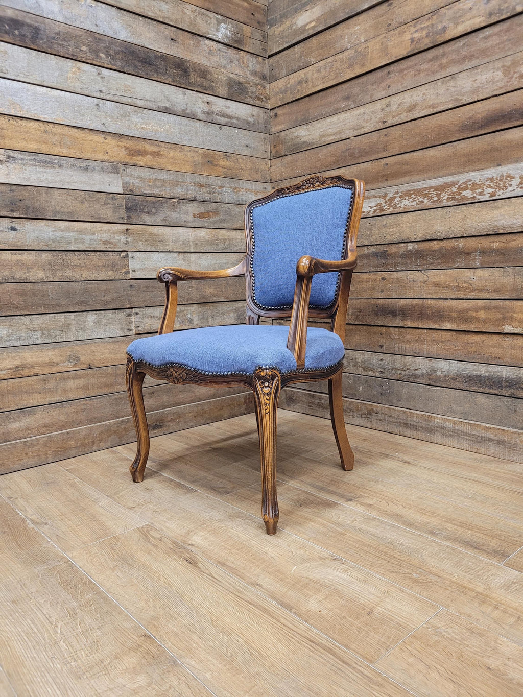 French Louis XV Style Carver Armchair Carved Wood Blue Upholstered Chair