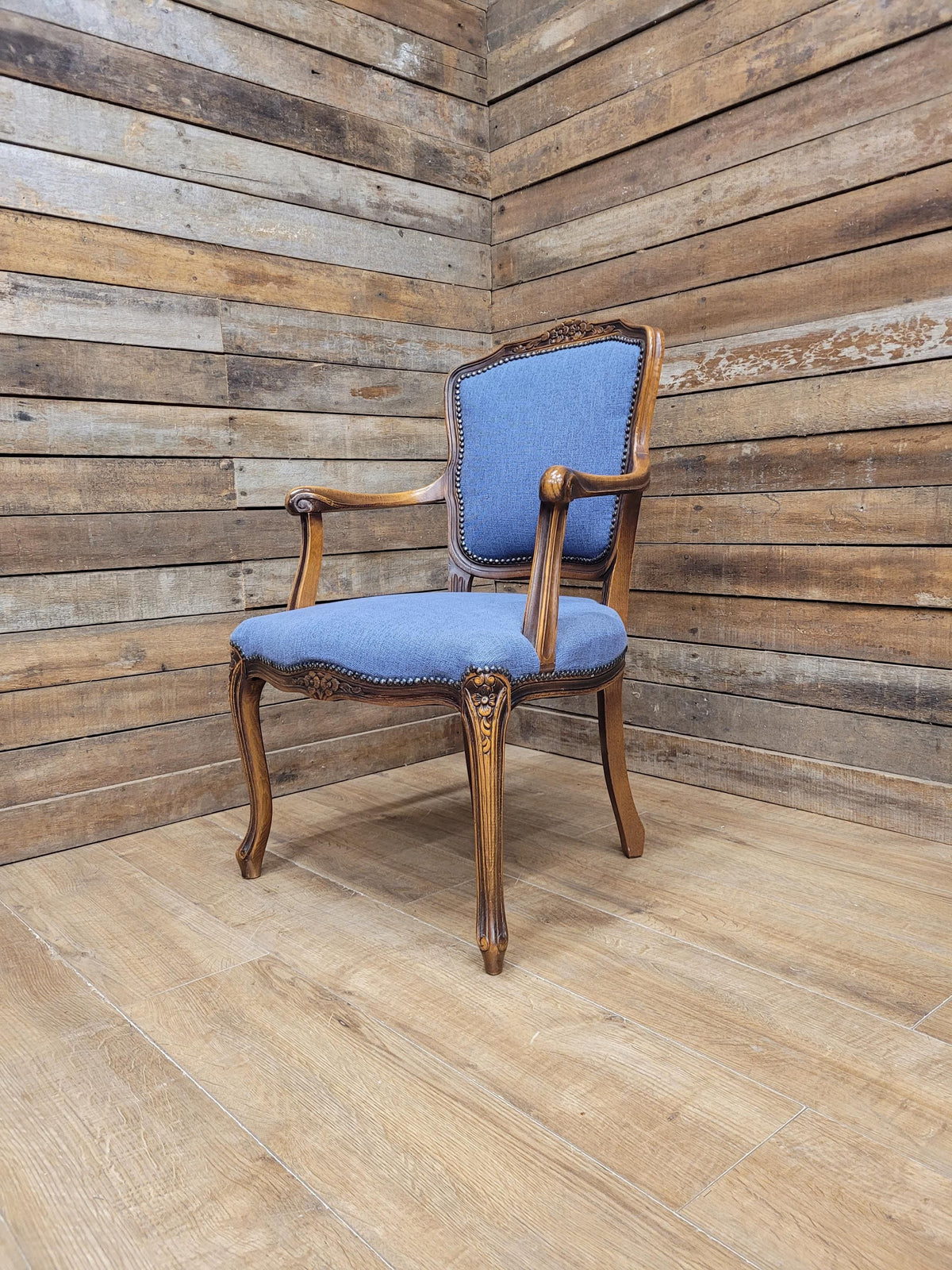 French Louis XV Style Carver Armchair Carved Wood Blue Upholstered Chair