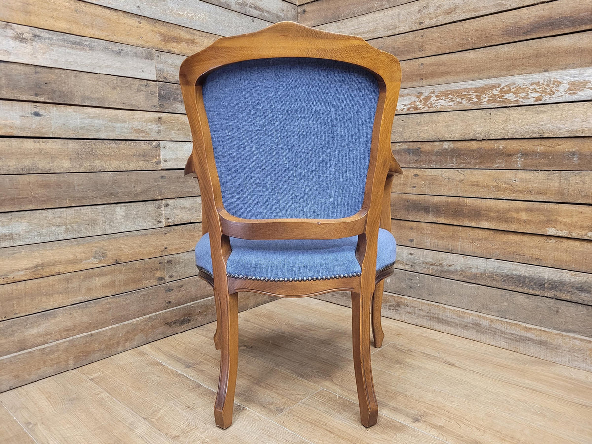 French Louis XV Style Carver Armchair Carved Wood Blue Upholstered Chair