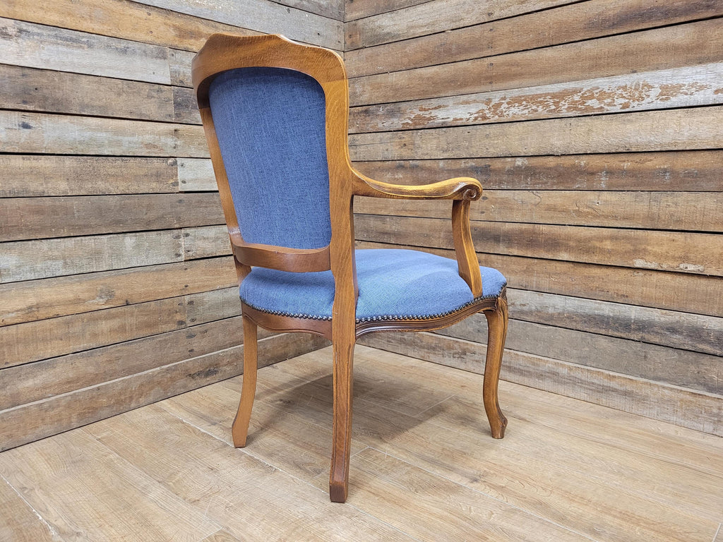 French Louis XV Style Carver Armchair Carved Wood Blue Upholstered Chair