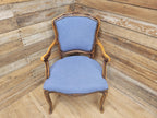 French Louis XV Style Carver Armchair Carved Wood Blue Upholstered Chair