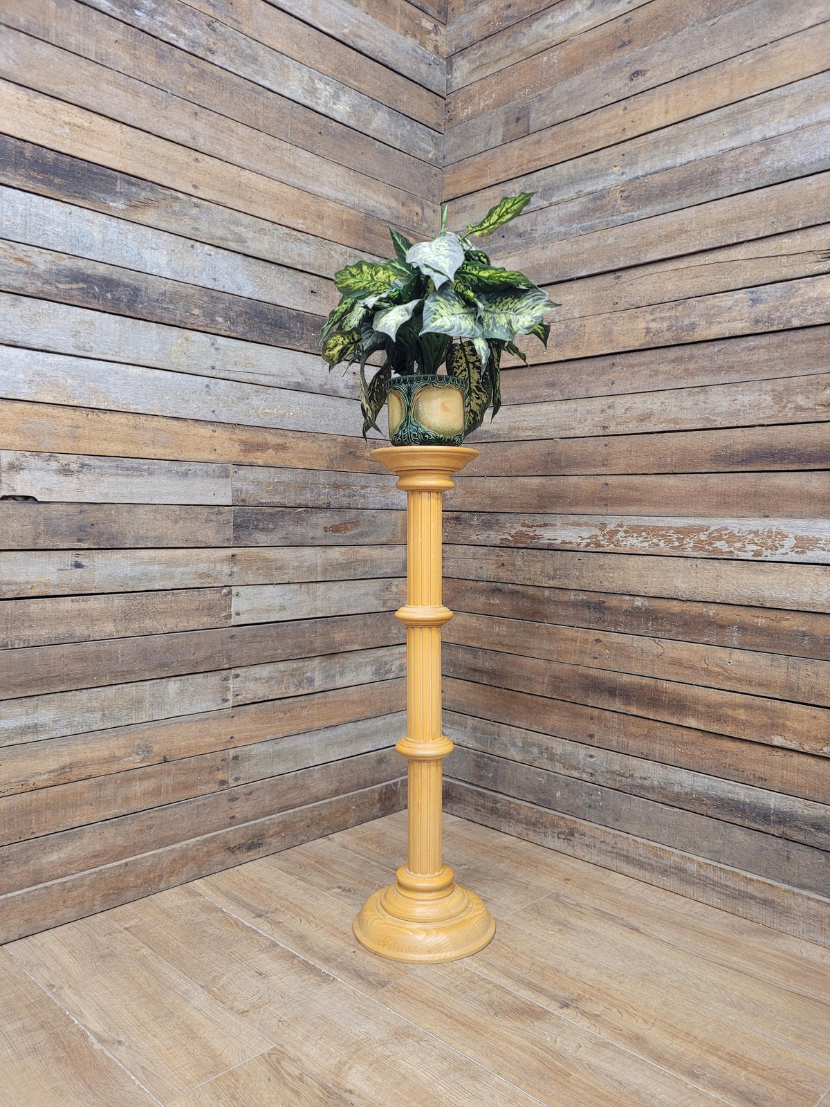 Blonde Wood Tall Torchiere Plant Stand Fluted Column Display Pedestal