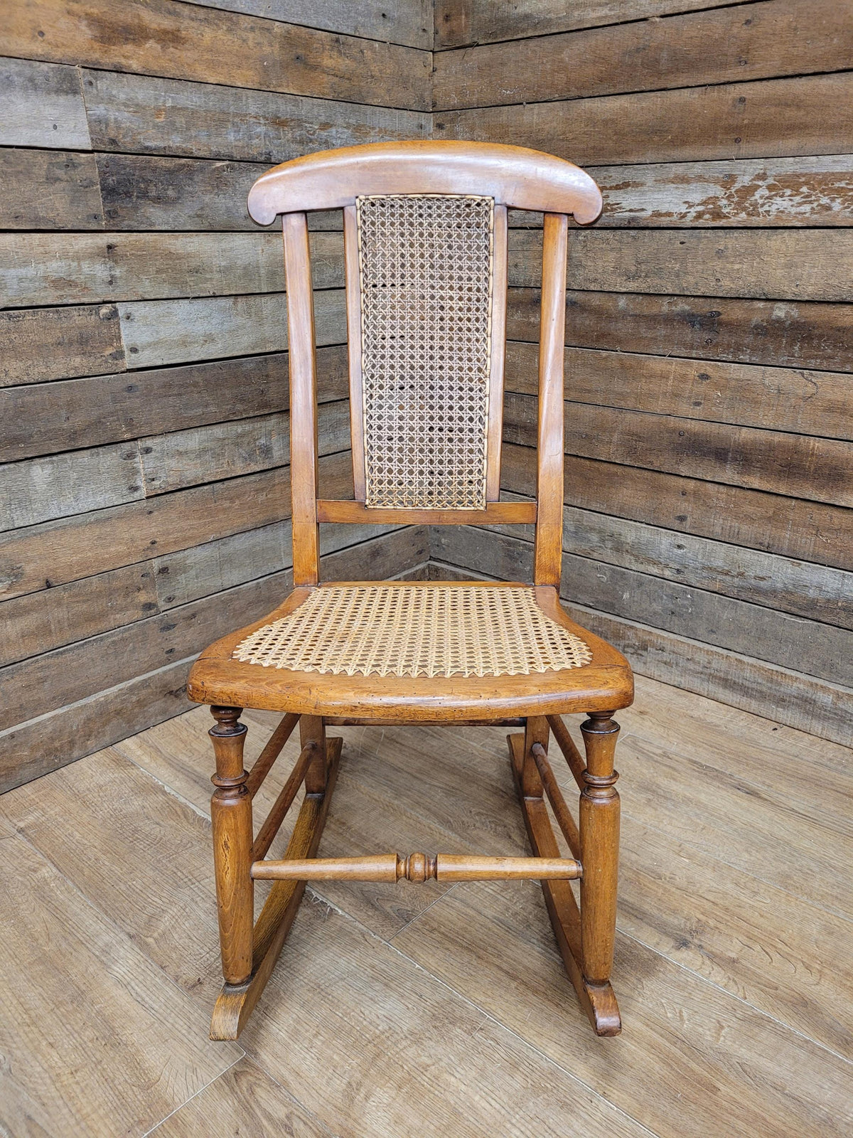 Antique Edwardian Bergere Rocking Chair Cane Seat Back Wooden Nursery Rocker