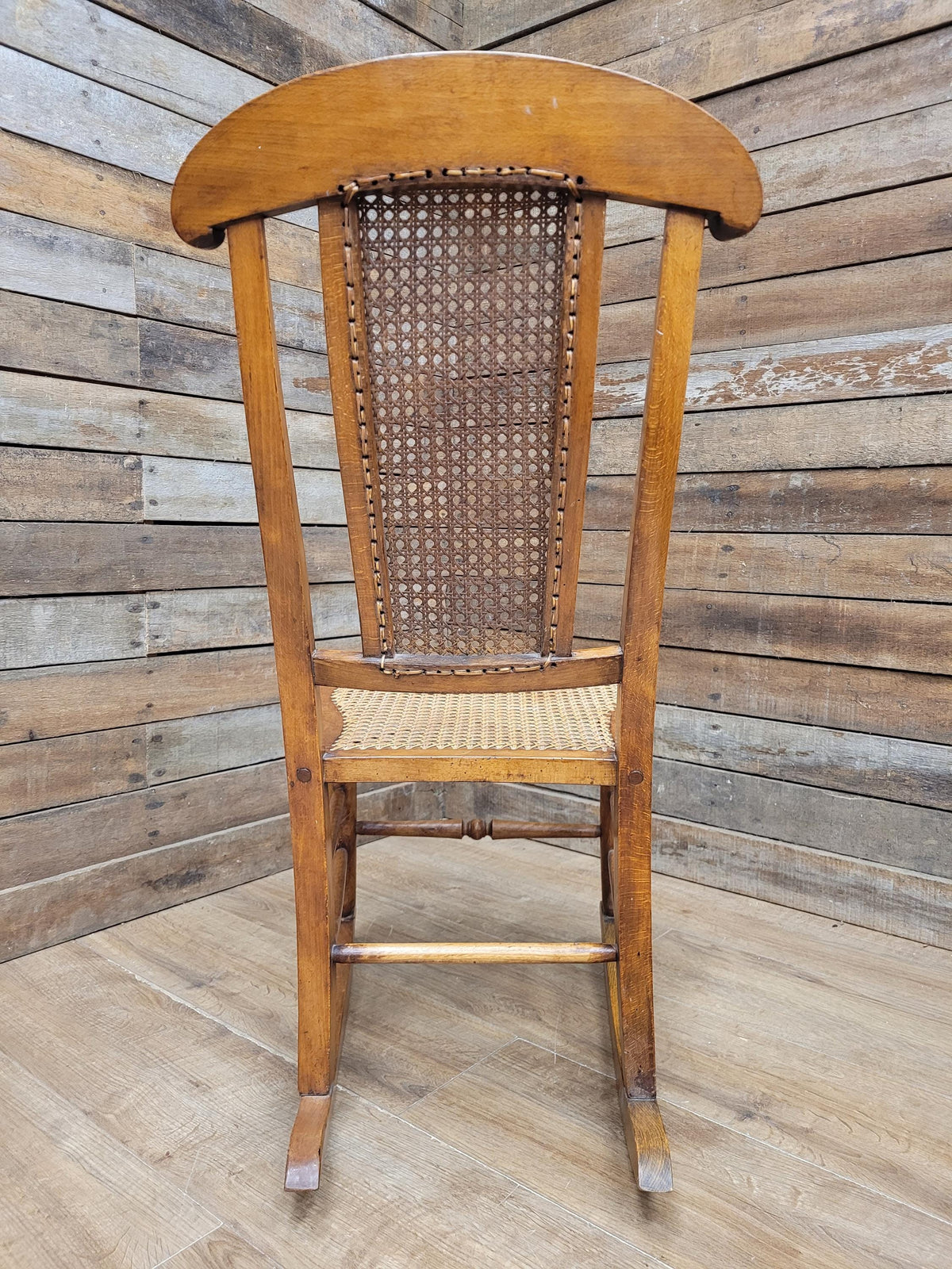 Antique Edwardian Bergere Rocking Chair Cane Seat Back Wooden Nursery Rocker
