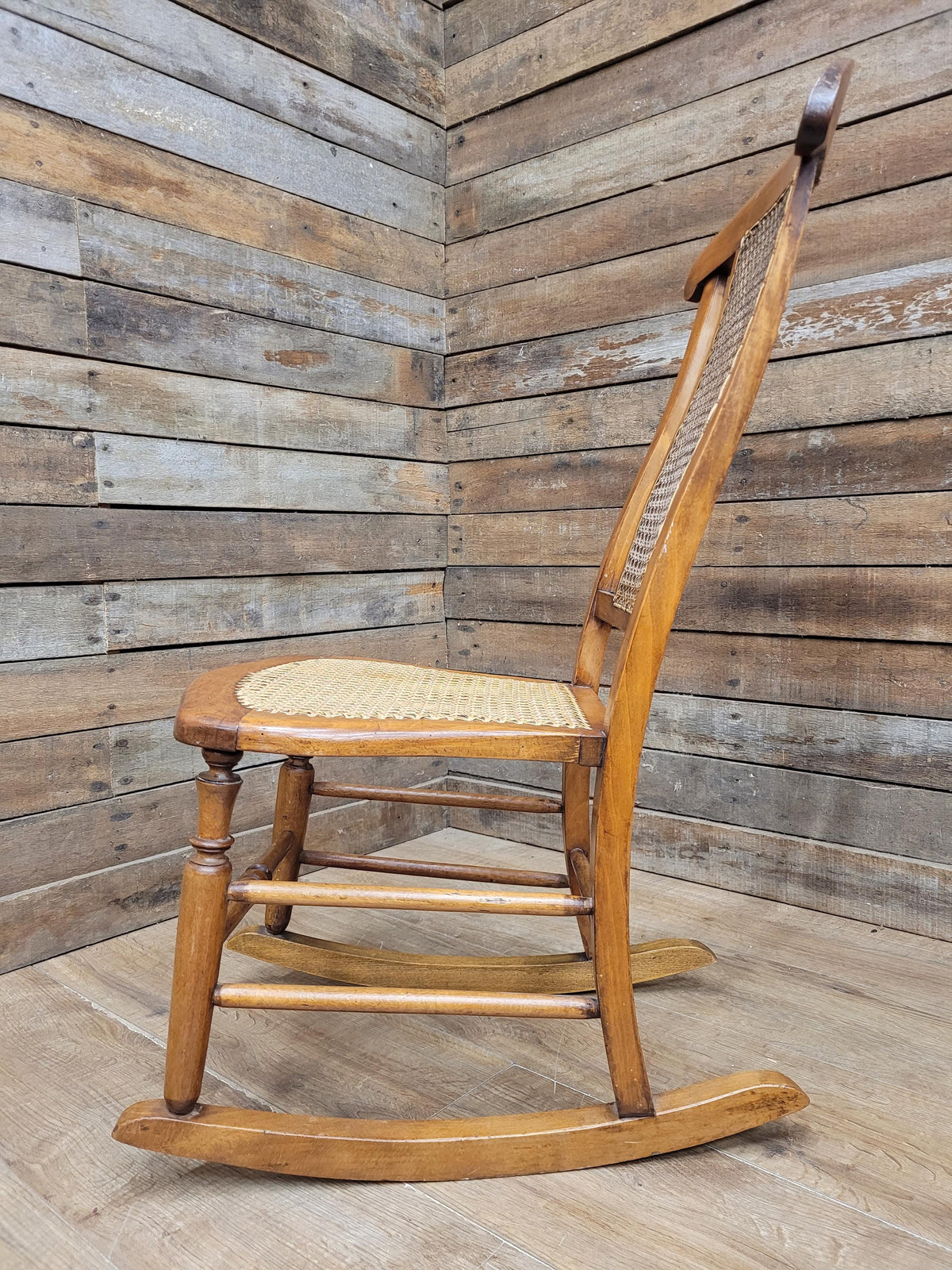 Antique Edwardian Bergere Rocking Chair Cane Seat Back Wooden Nursery Rocker