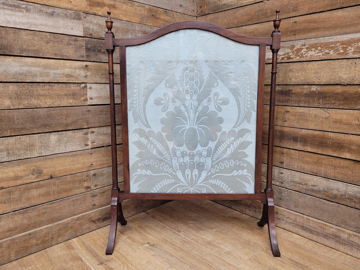 Victorian Mahogany Fire Screen Antique Silk Damask Panel Fireplace Guard