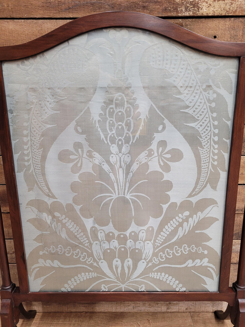 Victorian Mahogany Fire Screen Antique Silk Damask Panel Fireplace Guard