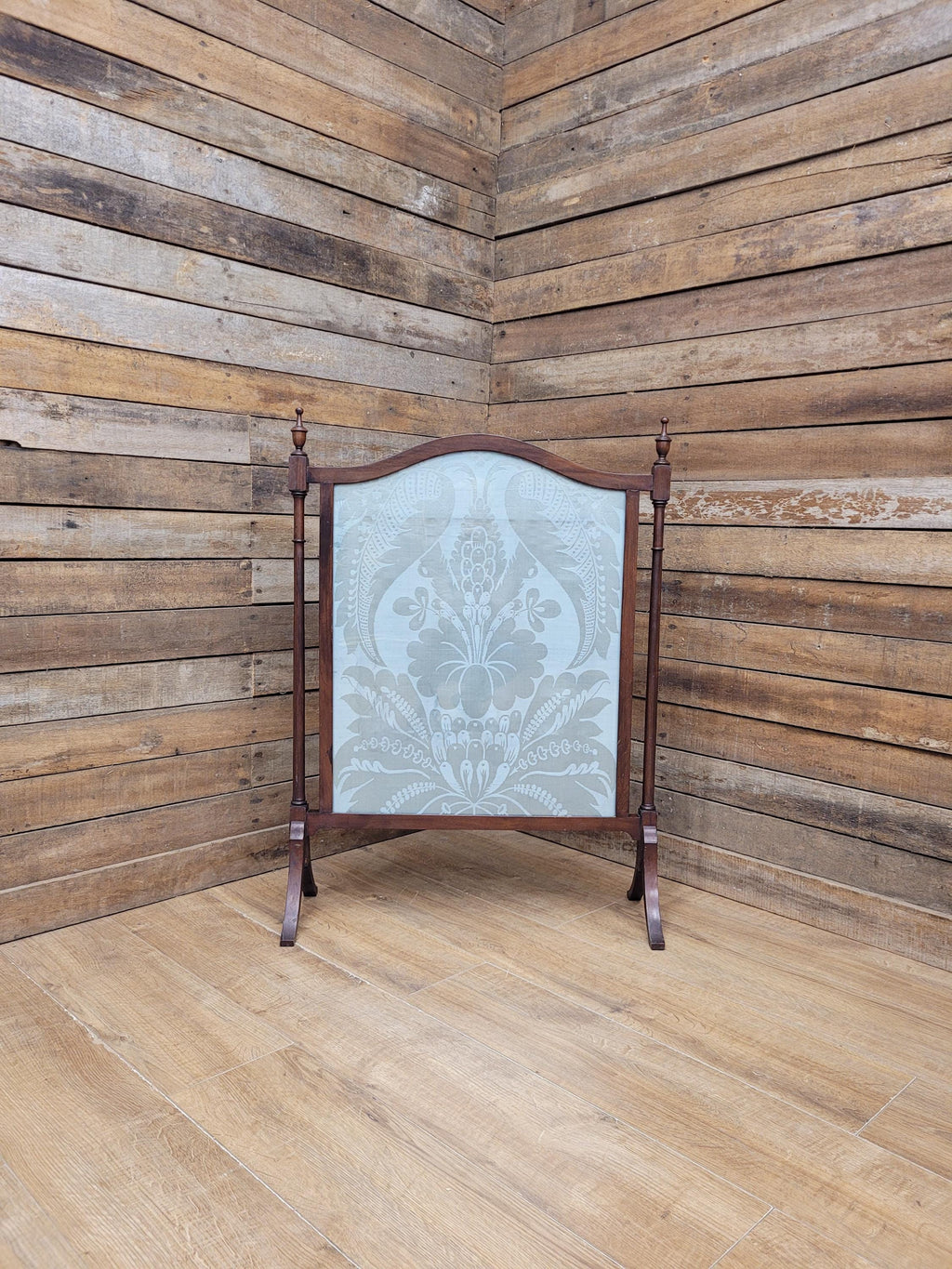 Victorian Mahogany Fire Screen Antique Silk Damask Panel Fireplace Guard