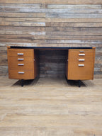 Abbess Linear Teak Executive Desk Attributed Mid Century Seven Drawers