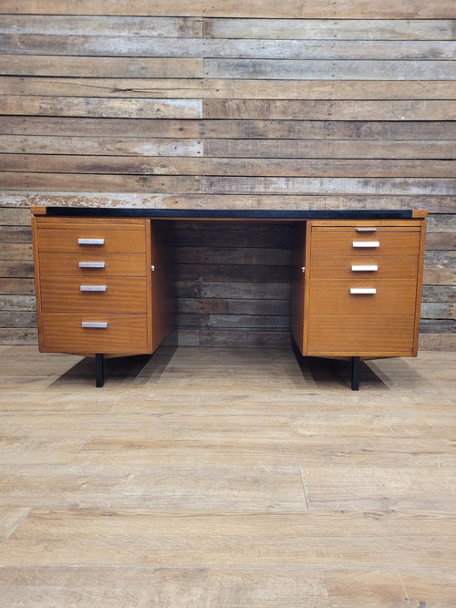 Abbess Linear Teak Executive Desk Attributed Mid Century Seven Drawers