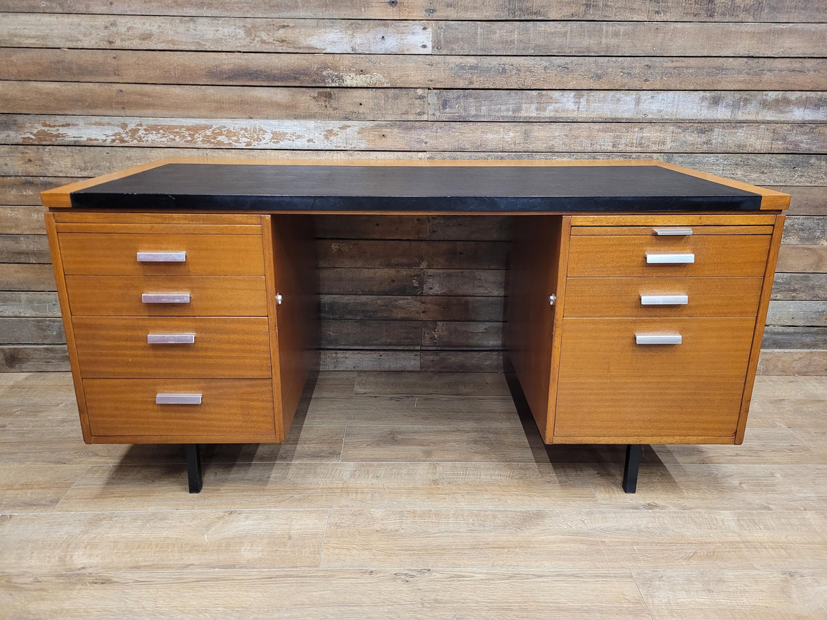 Abbess Linear Teak Executive Desk Attributed Mid Century Seven Drawers