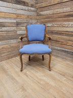 French Louis XV Style Carver Armchair Carved Wood Blue Upholstered Chair