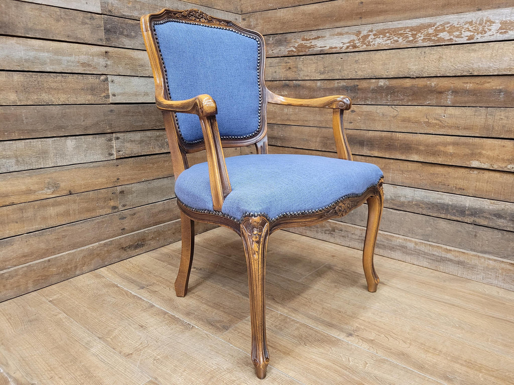 French Louis XV Style Carver Armchair Carved Wood Blue Upholstered Chair