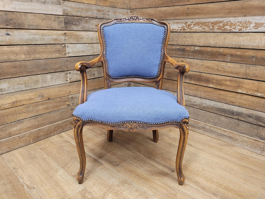 French Louis XV Style Carver Armchair Carved Wood Blue Upholstered Chair