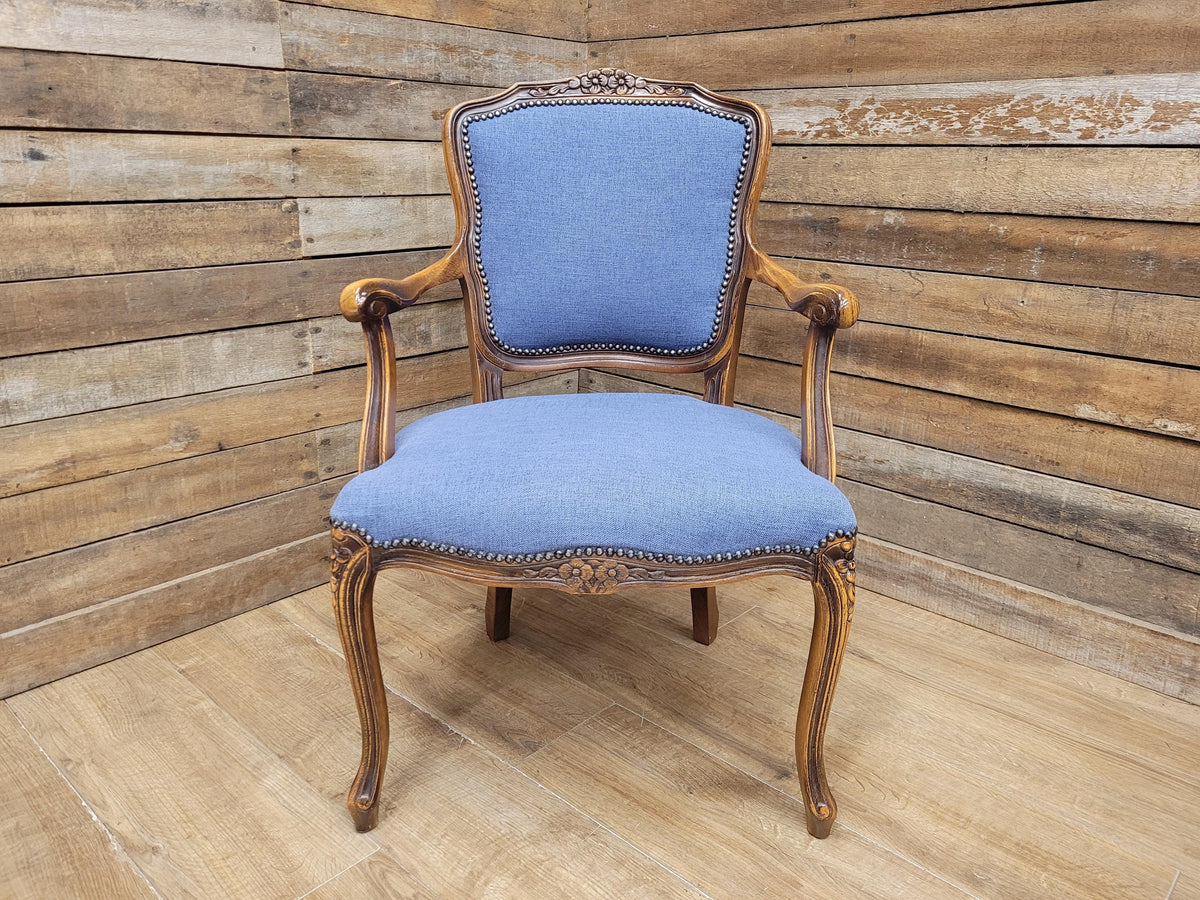 French Louis XV Style Carver Armchair Carved Wood Blue Upholstered Chair