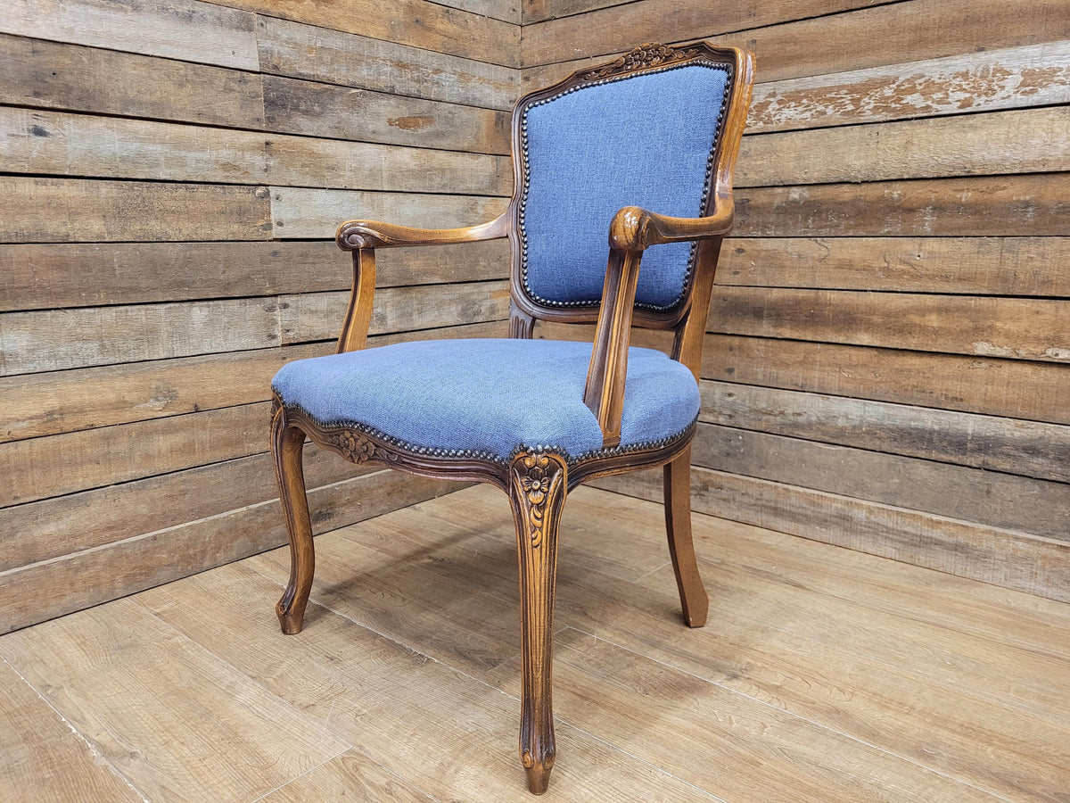 French Louis XV Style Carver Armchair Carved Wood Blue Upholstered Chair