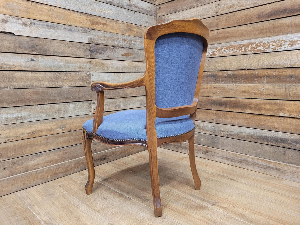 French Louis XV Style Carver Armchair Carved Wood Blue Upholstered Chair