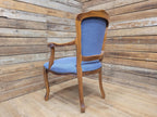 French Louis XV Style Carver Armchair Carved Wood Blue Upholstered Chair
