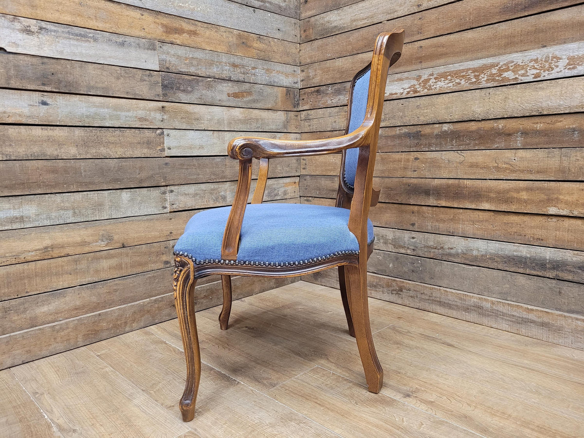 French Louis XV Style Carver Armchair Carved Wood Blue Upholstered Chair
