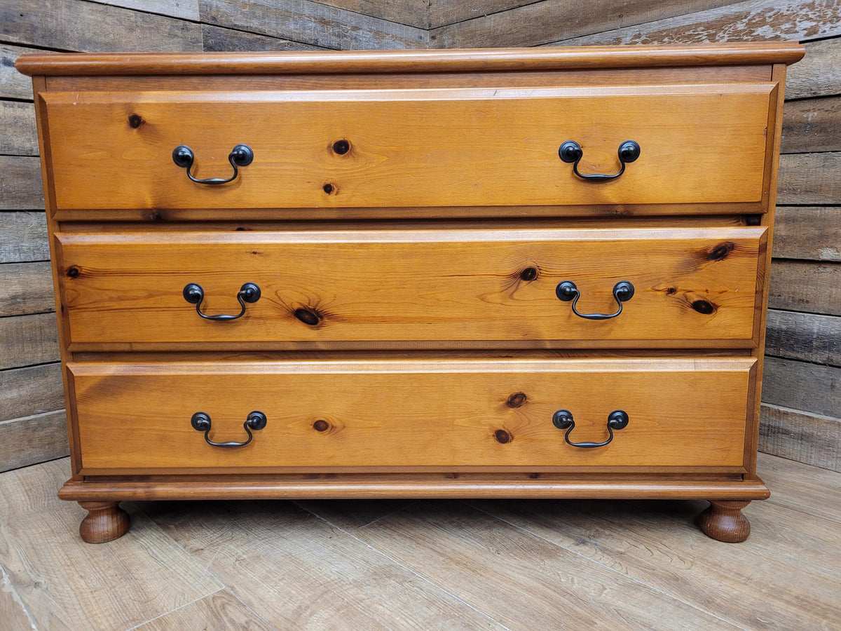 Solid Pine Chest Of Drawers Vintage Farmhouse Three Drawer Bedroom Storage