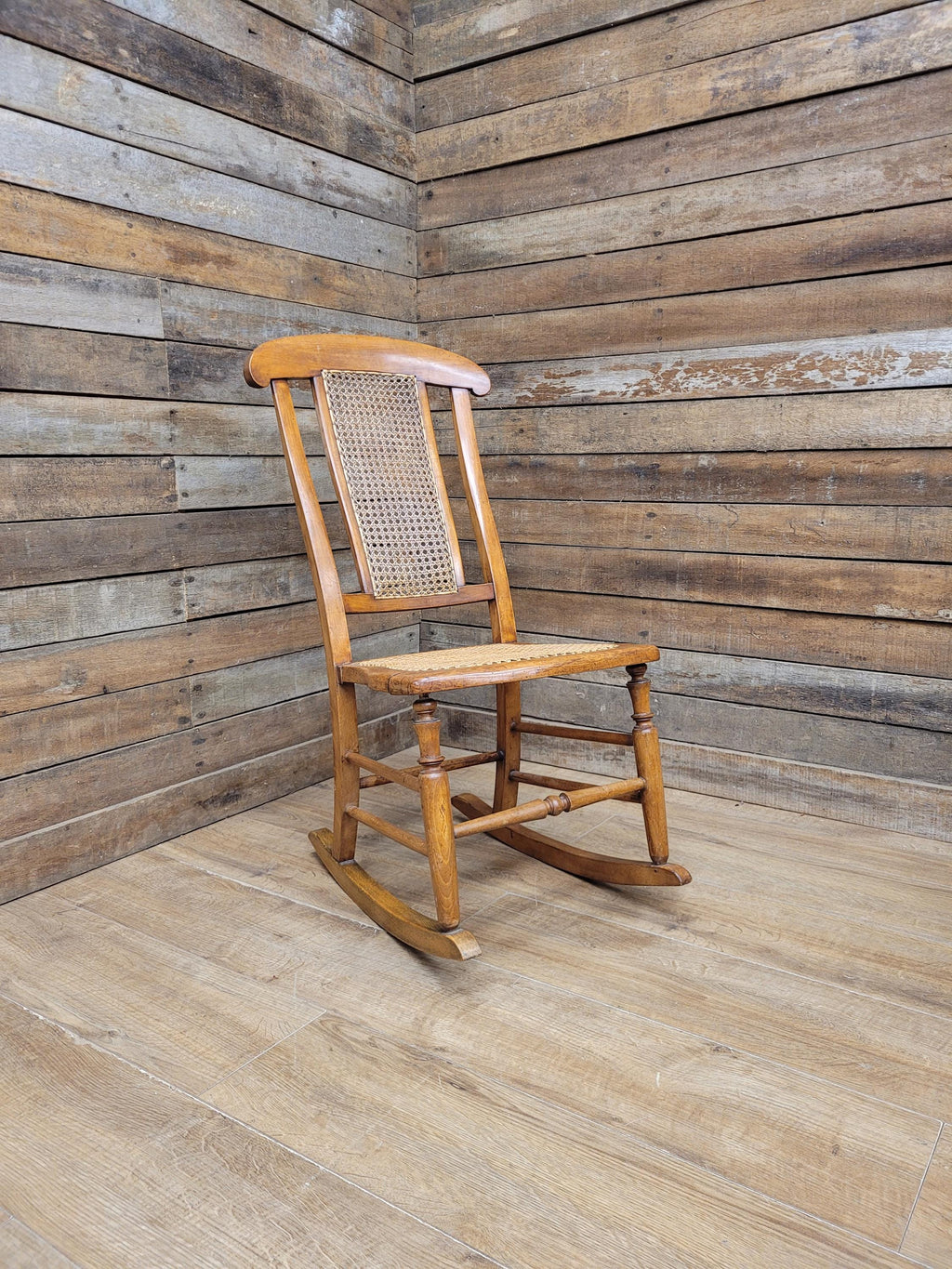 Antique Edwardian Bergere Rocking Chair Cane Seat Back Wooden Nursery Rocker