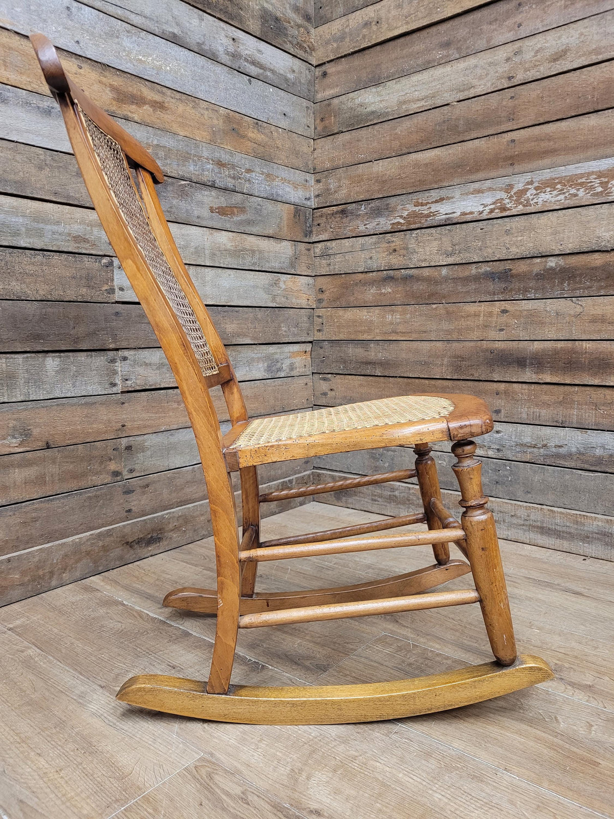 Antique Edwardian Bergere Rocking Chair Cane Seat Back Wooden Nursery Rocker